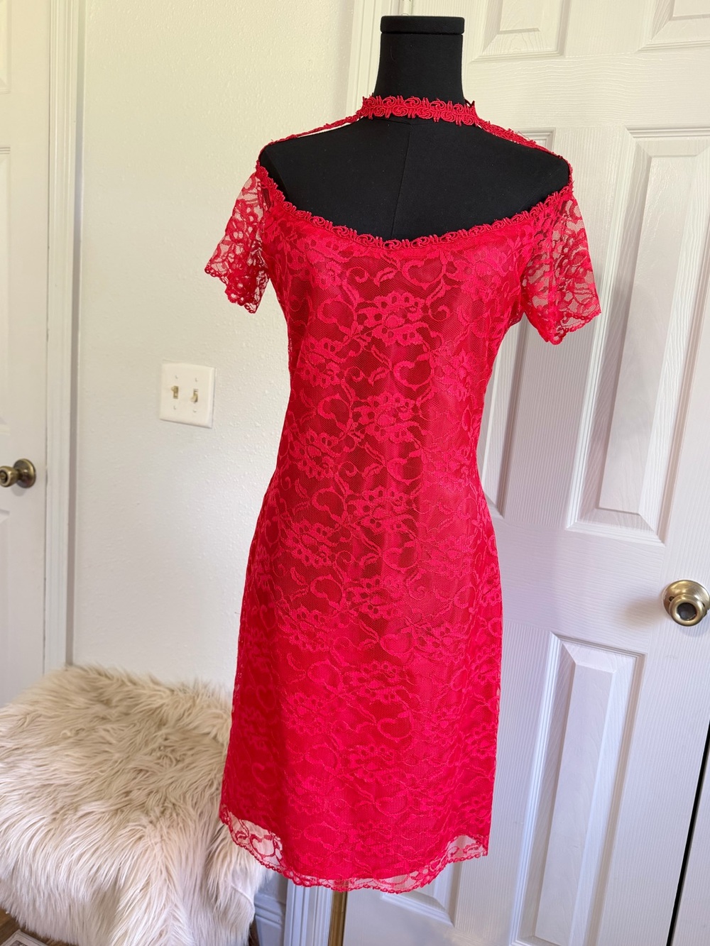 Vintage Impromptu 90s Red Lace Dress Mob Wife Coquette Party Dress Choker M